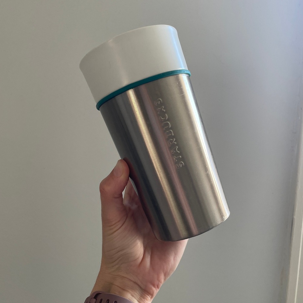 Starbucks 12oz Stainless Steel Ceramic Tumbler Silver White Teal 2014 Travel Mug